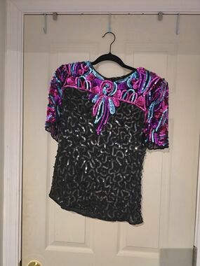 Vintage Dominique Black Blouse with Pink & Teal Sequin Accents